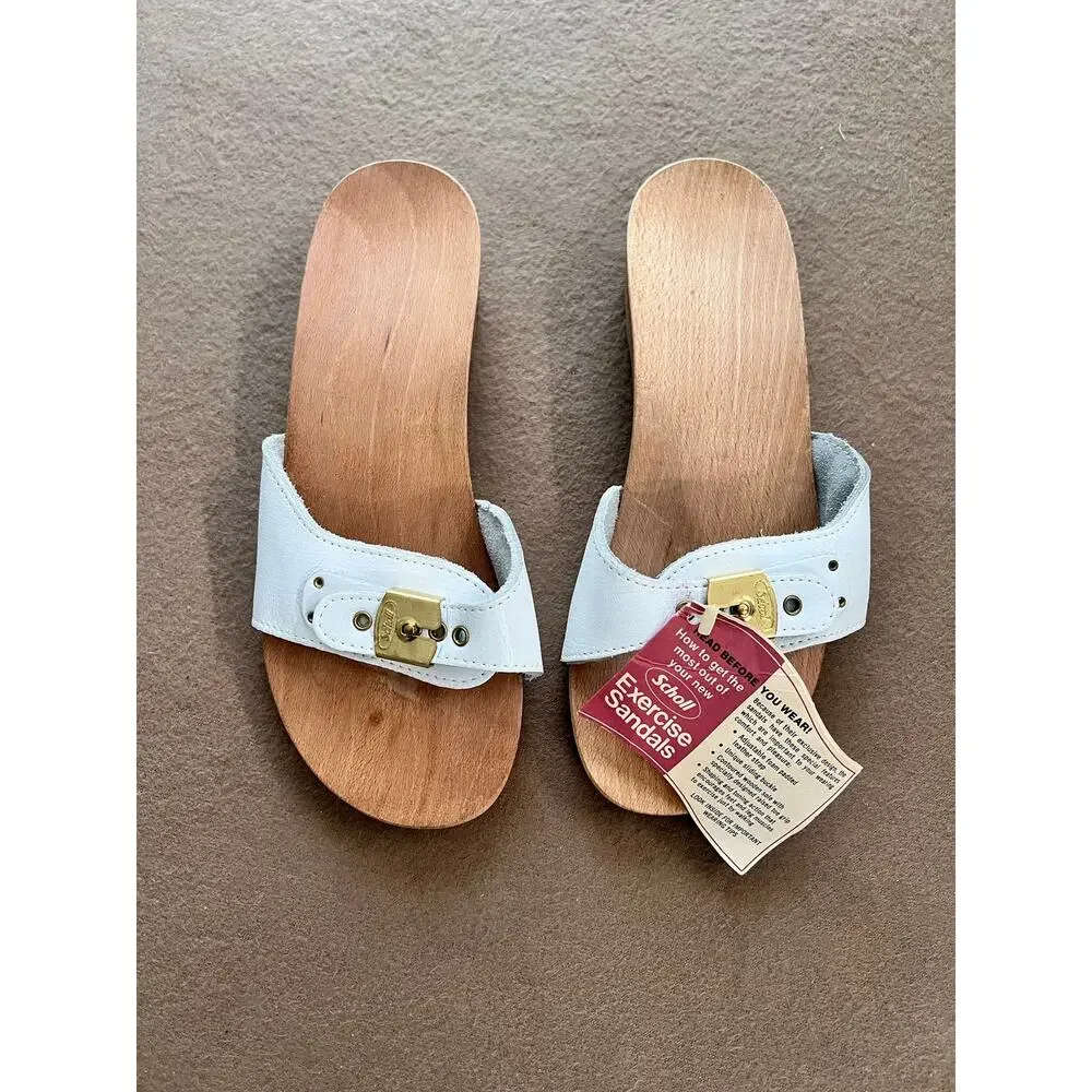 Dr. Scholl's "Old Stock" Vintage Brand New Wooden White Leather Sandals Size 8 - Picture 2 of 10